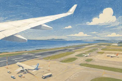 Airplane Wing View During Coastal Takeoff
