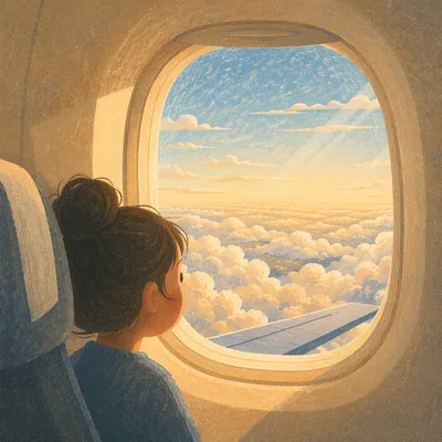 Sunlit Clouds Through Airplane Window