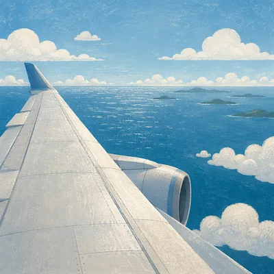 Airplane Window View Above Ocean Clouds