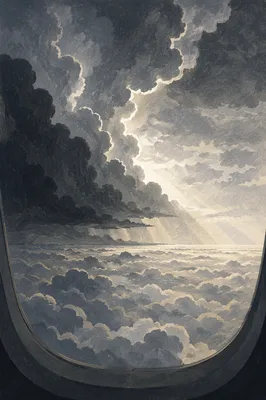Dramatic Airplane Window View Above Clouds