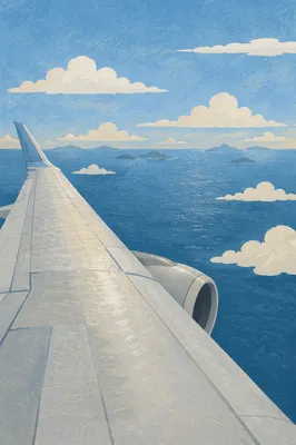 Airplane Window View Above Ocean Clouds