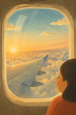 Sunset Airplane Window View Above Clouds