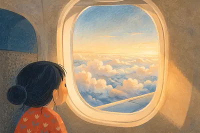 Sunlit Clouds Through Airplane Window