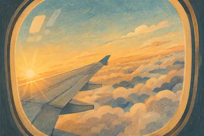 Sunset Airplane Window View Above Clouds