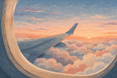Airplane Wing Above Clouds at Sunrise