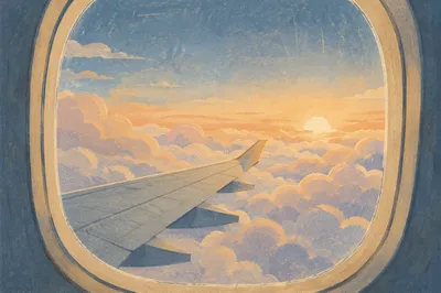Airplane Wing Above Clouds at Sunrise