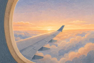 Airplane Wing Above Clouds at Sunrise