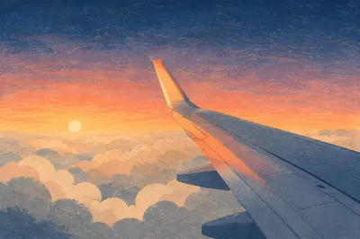Sunrise Airplane Wing Above Quiet Clouds