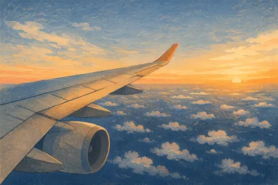 Sunrise Airplane Wing Above Ocean Clouds