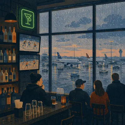 Rainy Airport Lounge View at Dusk