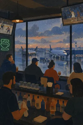 Rainy Airport Lounge Window at Dusk