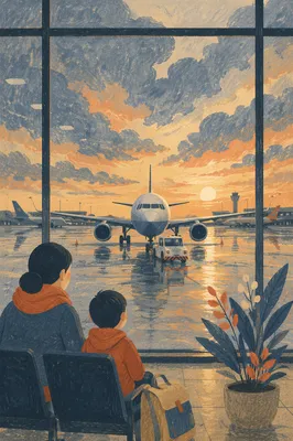 Airport Lounge Window at Sunset Tarmac