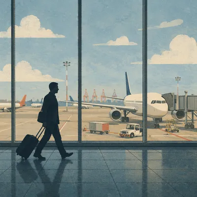 Silhouetted Traveler at Airport Departure Gate