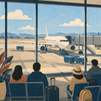 Sunlit Airport Departure Gate With Travelers
