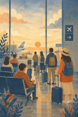 Morning Departure Gate Travelers at Sunrise
