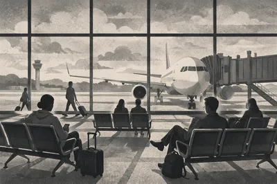 Monochrome Airport Departure Gate Travelers