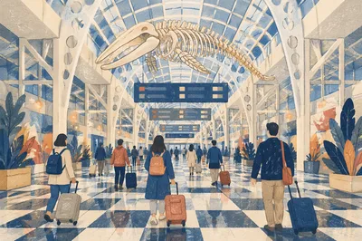 Modern Airport Departure Gate Travelers