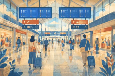 Modern Airport Departure Concourse With Travelers