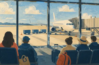 Sunlit Airport Gate Travelers Awaiting Departure