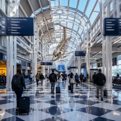 Modern Airport Departure Concourse with Travelers