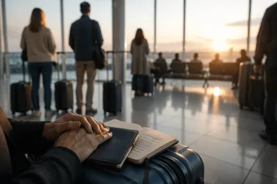 Morning Departure Gate With Prayerful Travelers