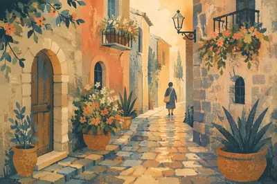 Romantic Old Town Cobblestone Alley at Dawn