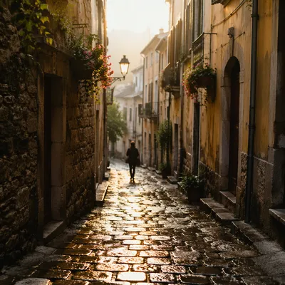 Romantic Old Town Cobblestone Alley at Dawn