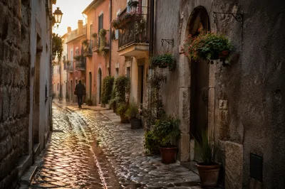 Romantic Old Town Cobblestone Alley at Dawn