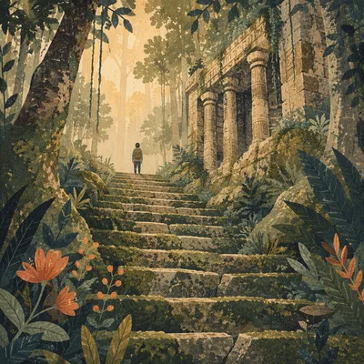 Moss-Covered Ancient Temple Steps at Dawn