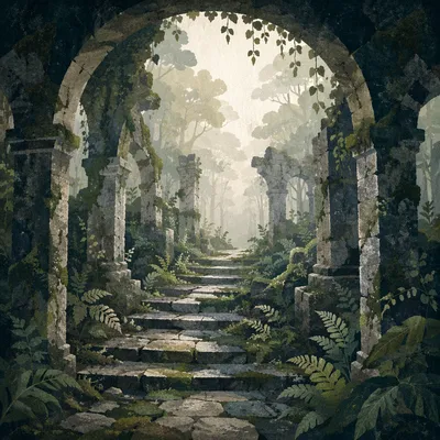 Ancient Mossy Temple Steps in Morning Mist