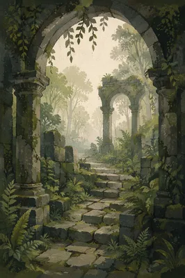 Moss Covered Stone Steps in Ruined Temple
