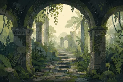 Ancient Mossy Temple Steps in Mist