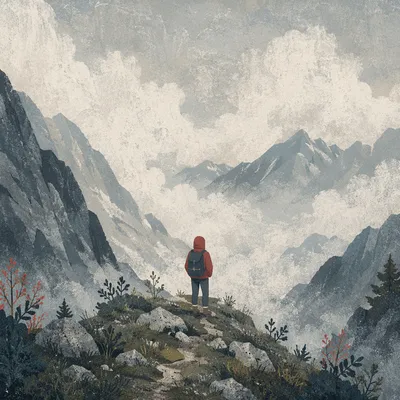 Lone Hiker on Misty Mountain Ridge