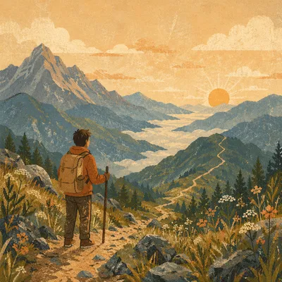 Lone Hiker on Alpine Sunrise Trail