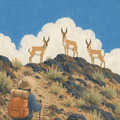Backpacker Observing Pronghorns on Mountain Trail