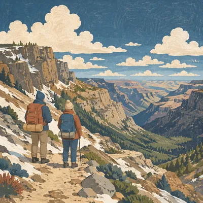 Backpack Hikers Over Rugged Mountain Canyon