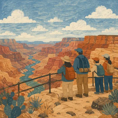 Backpack Hikers Overlooking Desert Mountain Canyon
