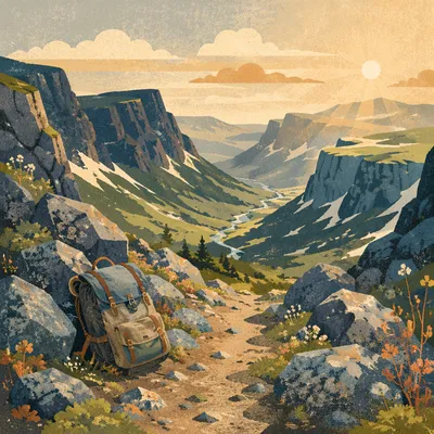 Backpack on Mountain Trail at Sunrise