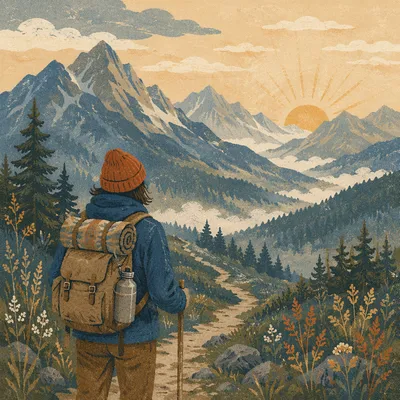 Solitary Hiker on Misty Alpine Trail