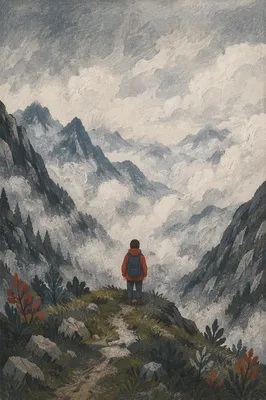 Lone Hiker on Foggy Mountain Ridge