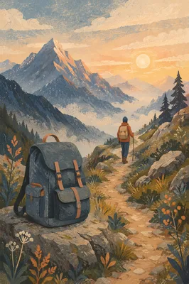 Backpack on Alpine Trail at Sunrise
