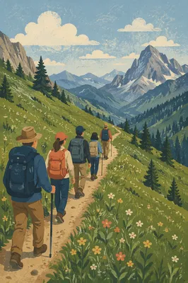 Hikers on Alpine Mountain Adventure Trail