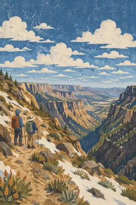 Backpack Hikers Overlooking Rugged Mountain Canyon