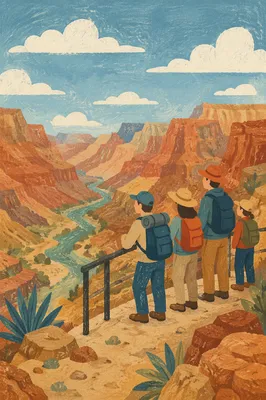 Backpack Hikers Overlooking Desert Mountain Canyon