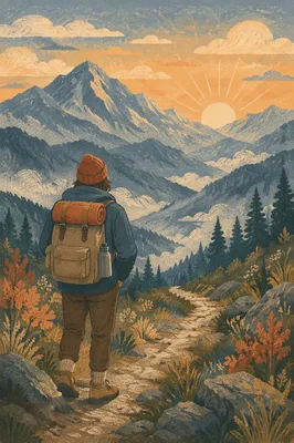 Solitary Hiker on Misty Alpine Pilgrimage