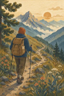 Peaceful Hiker on Misty Mountain Trail