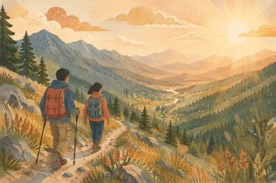 Backpack Hikers on Sunrise Mountain Trail