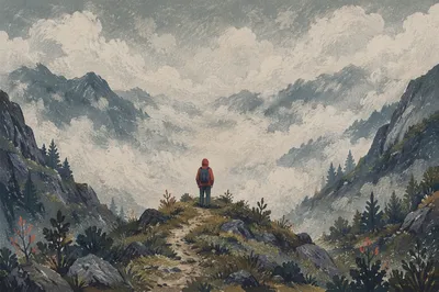 Lone Hiker on Misty Mountain Ridge