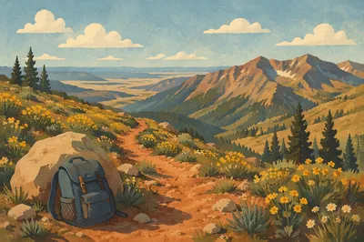 Backpack on Sunlit Mountain Hiking Trail