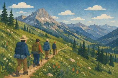 Backpack Hikers on Alpine Mountain Trail